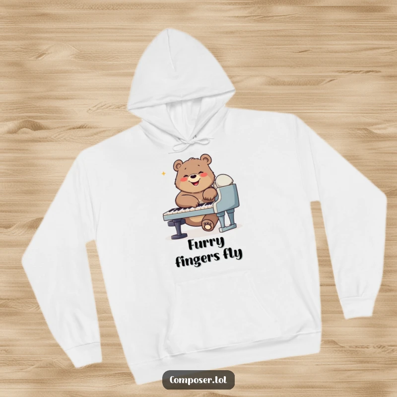 Funny bear composer hoodie, a happy bear playing piano, offering warmth and musical cheer in a cozy design.