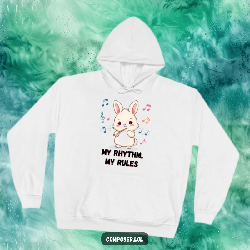 Funny bunny conductor hoodie, ready to lead a symphony, looking determined and cute. A warm, funny gift.