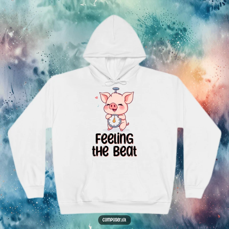 Funny Piglet Metronome Hoodie: a piglet concentrates deeply while spinning a metronome, ideal for music enthusiasts.