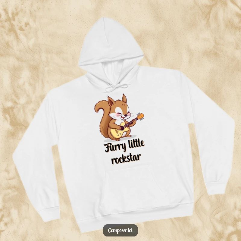 Funny hoodie featuring a determined cartoon squirrel meticulously tuning a miniature guitar with focused joy, perfect for cozy music lovers.