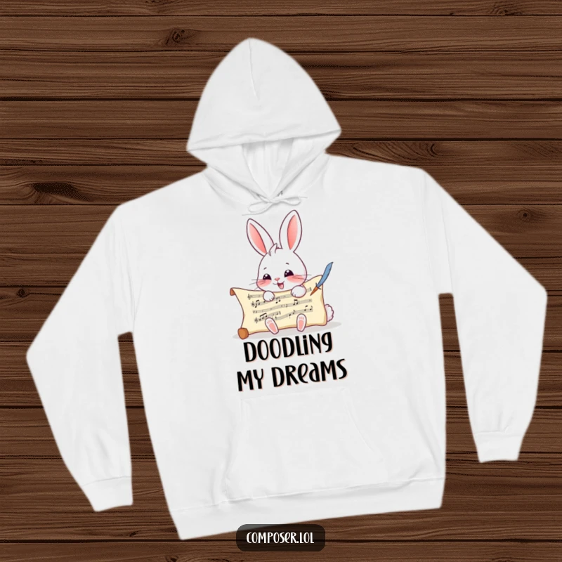 Funny Rabbit Composer Hoodie - A rabbit artist diligently writing music, combining comfort with humorous design.