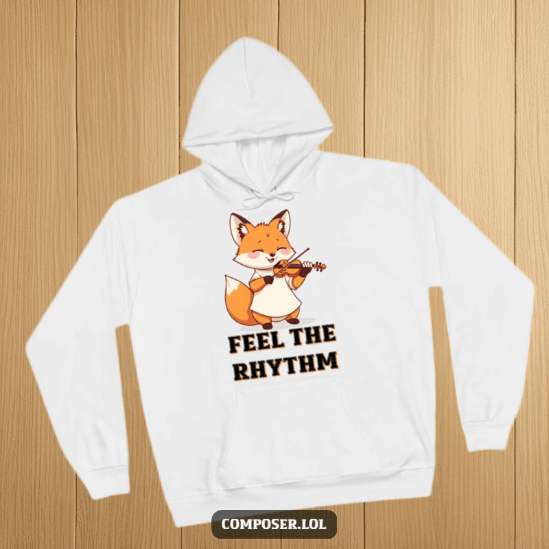 Funny hoodie depicting a fox wearing a smock, playing a miniature violin with closed eyes and a look of utter musical delight.