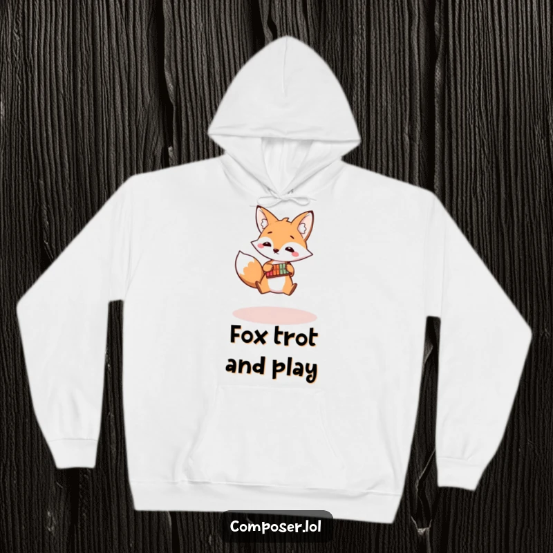 Funny fox hoodie showing a bouncy fox leaping while playing a xylophone, cozy and humorous activewear.
