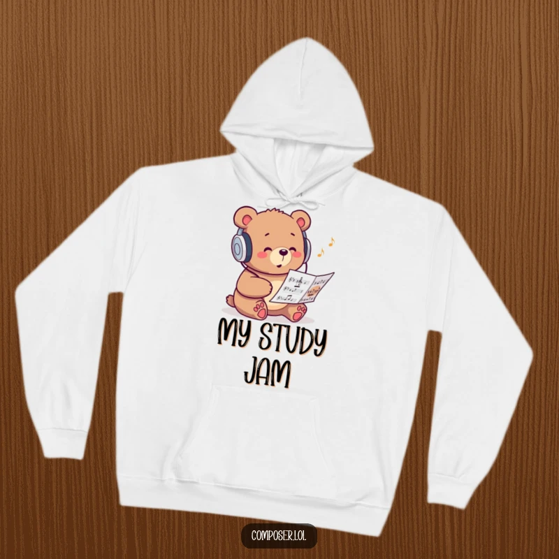 Funny hoodie showcasing a studious bear wearing headphones and humming along to music sheets.