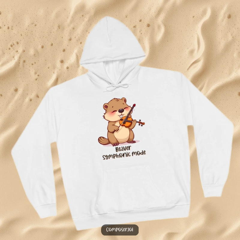 Funny hoodie depicting a highly focused beaver meticulously tuning a violin, perfect for cozy concentration.