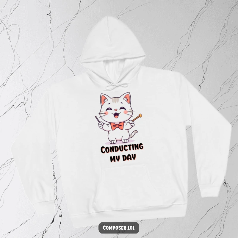 Funny hoodie featuring a happy cat in a tiny bow tie, enthusiastically conducting an orchestra with a baton, looking quite pleased.