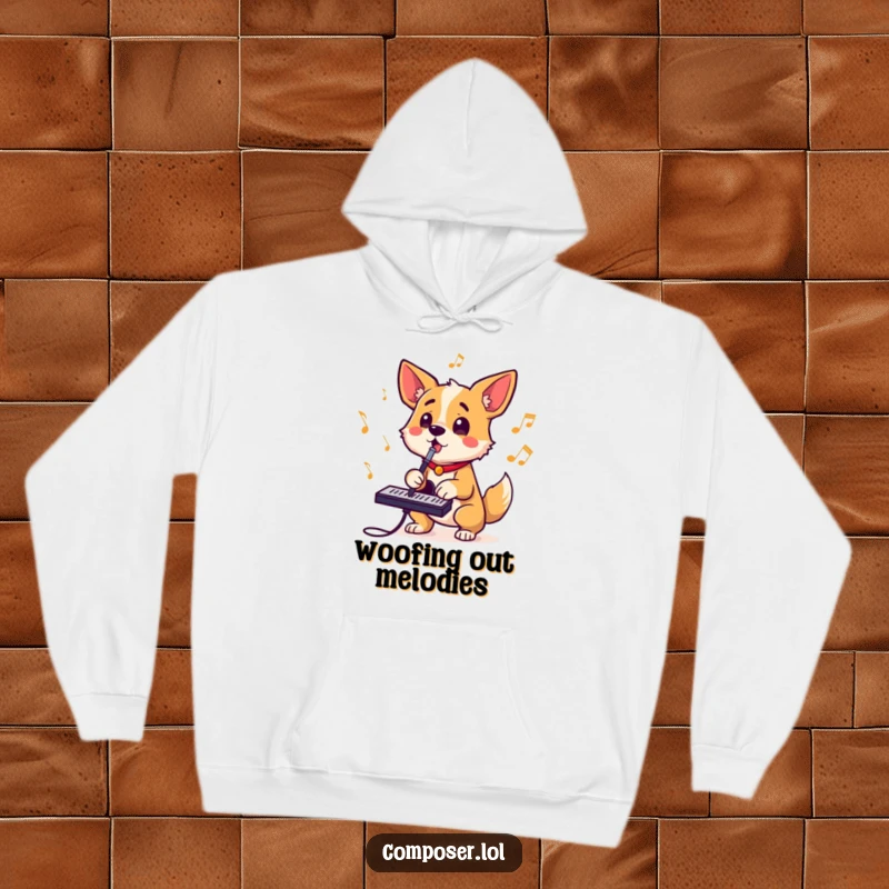 Funny hoodie featuring a determined dog composer barking musical rhythms with a furiously wagging tail and bright, happy eyes.