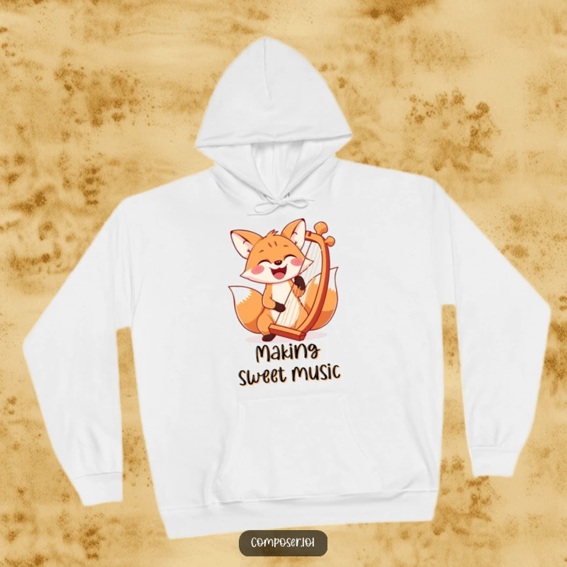 Funny fox in a hoodie, smiling widely, playing an oversized harp with a grand chord, cozy apparel.