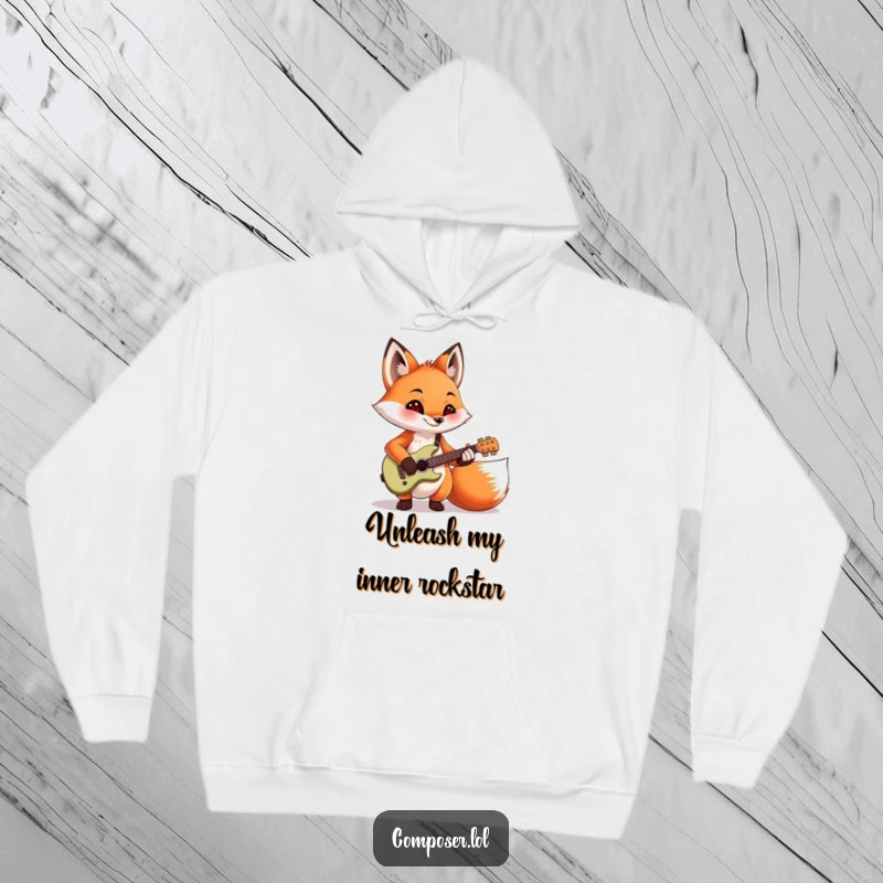 Funny, mischievous fox playing a small guitar with musical notes, featured on a warm hoodie. Great gift for music fans.