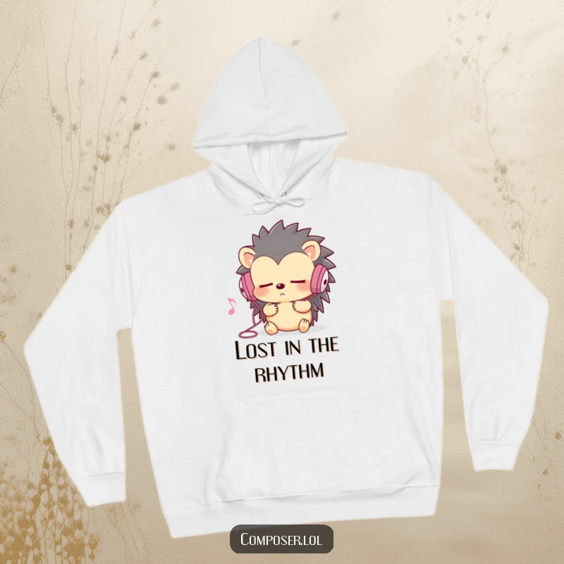 Funny hedgehog in a hoodie, listening to music with earbuds, eyes closed, conveying cozy musical focus.