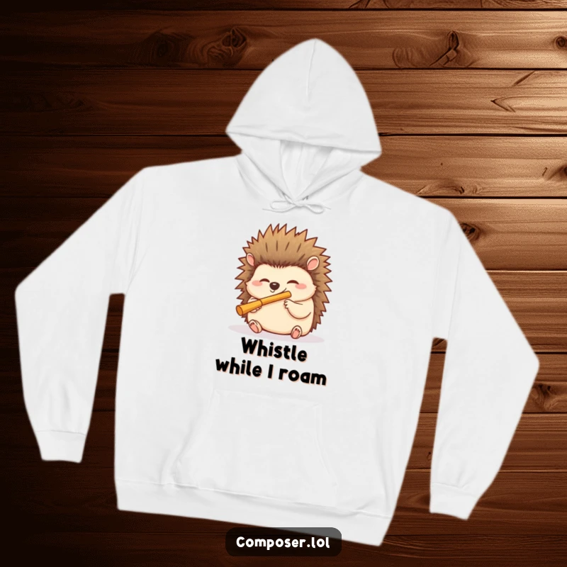 Funny hedgehog hoodie showing a giggling hedgehog blowing into a miniature flute, cozy and humorous apparel.