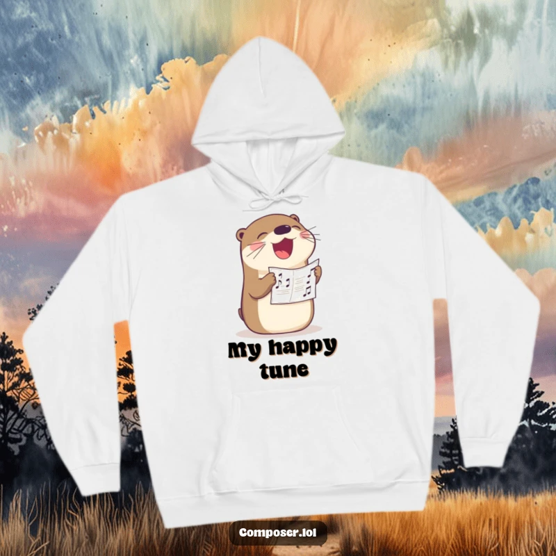 Funny otter singer hoodie, showing a happy otter singing loudly with sheet music in its beak, perfect for cheerful music fans.