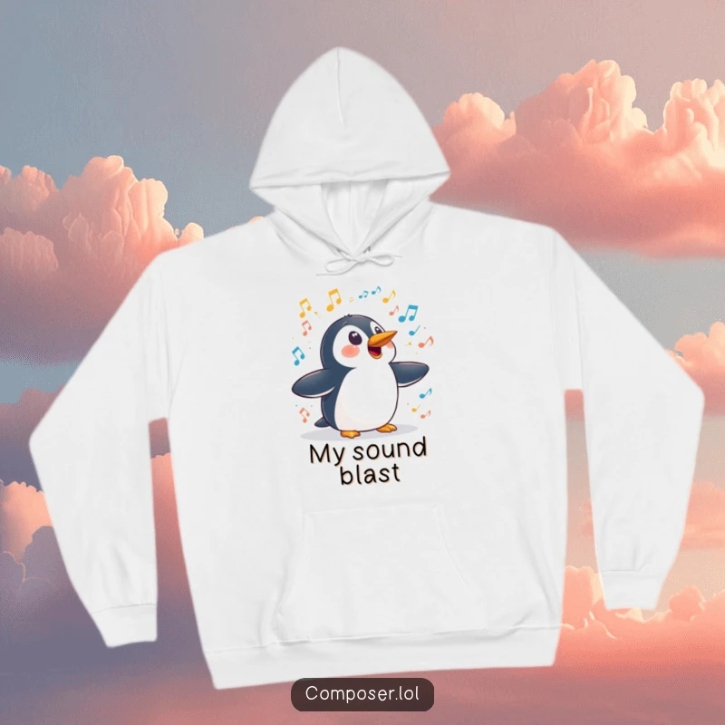 Funny penguin symphony hoodie, showing a penguin with a surprised expression amidst an eruption of musical sounds, perfect for humor enthusiasts.