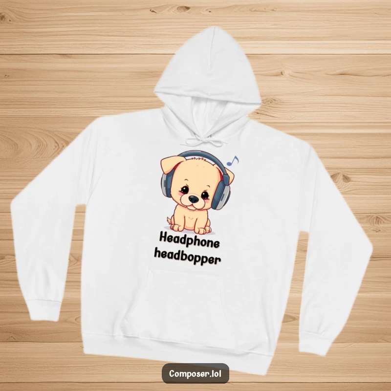 Funny hoodie with a curious puppy wearing oversized headphones, bopping its head to unheard melodies, offering cozy warmth and musical fun.