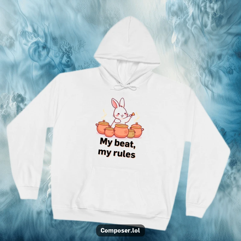 Funny Rabbit Drummer Hoodie, depicting a happy rabbit energetically drumming a beat on a collection of kitchen pots.