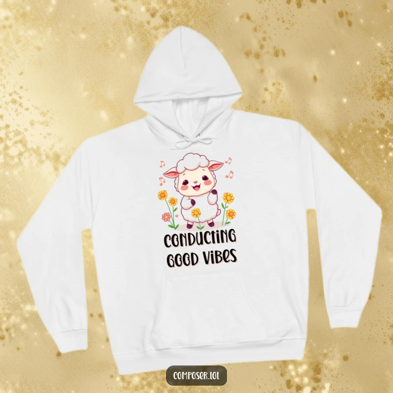 Funny sheep hoodie showing a cheerful sheep conducting flowers while humming, cozy and humorous winter wear.