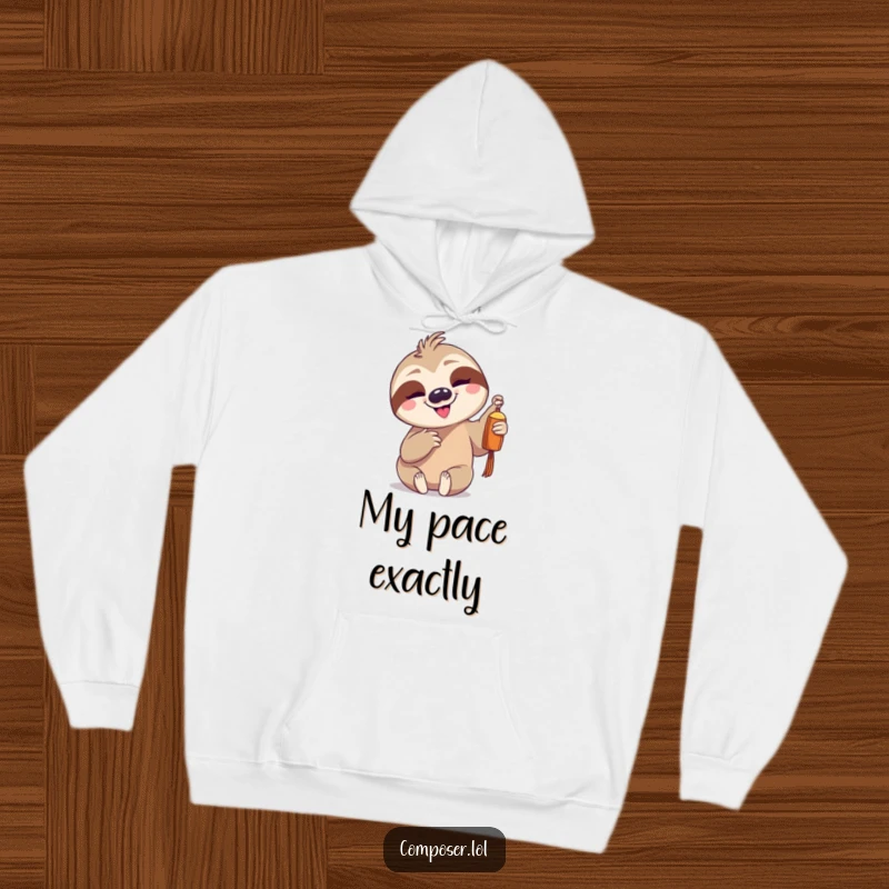Funny, goofy sloth gently tapping a single chime with a slow, pleased grin, depicted on a soft hoodie.