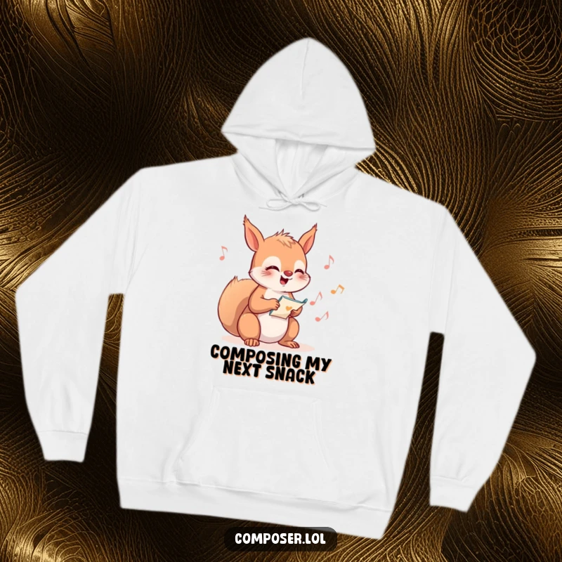 Funny Squirrel Composer Hoodie, featuring a happy squirrel humming and writing musical notes with concentration and glee.