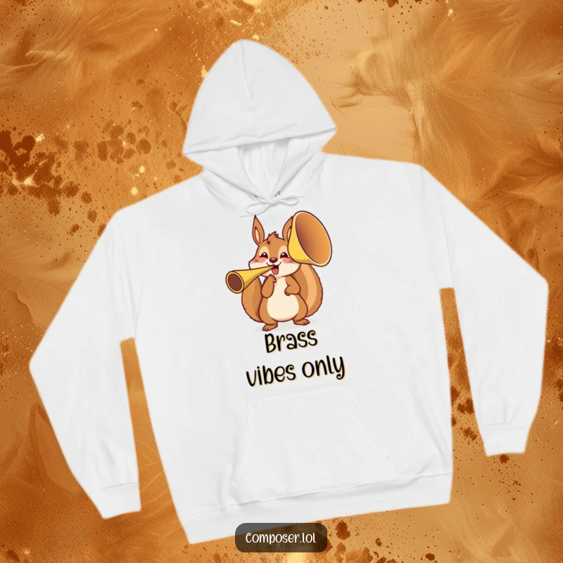 Funny squirrel character energetically tooting a giant French horn, depicted on a soft, warm hoodie for ultimate comfort and humor.