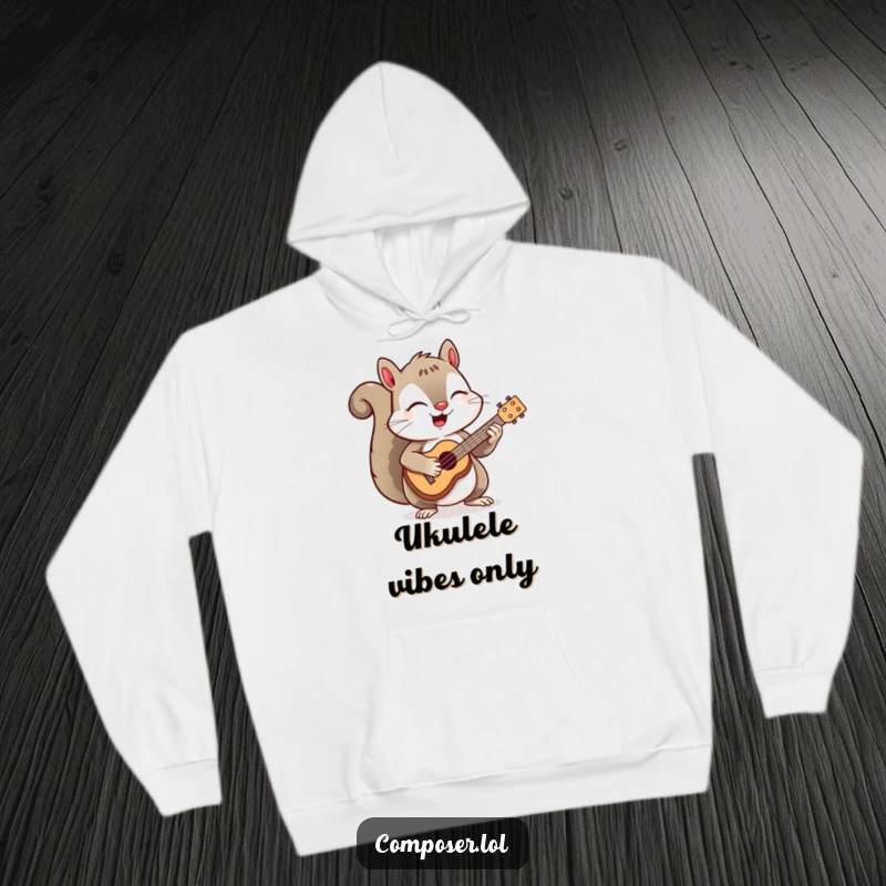 Funny, warm hoodie featuring a cheerful squirrel playing a tiny ukulele with eyes closed, embodying musical joy.
