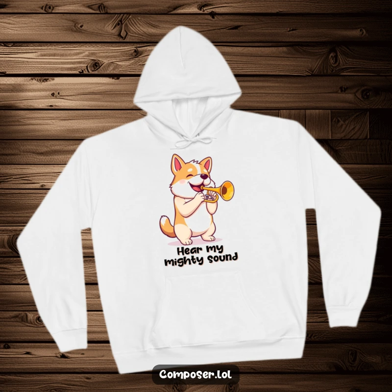 Funny Trumpet Dog Hoodie: Proud dog with puffed chest playing majestic trumpet, comfortable and humorous apparel