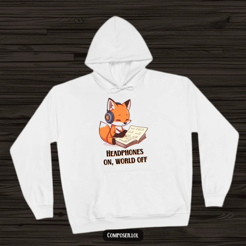 Funny fox composer hoodie, a playful fox with headphones scribbling music, offering warmth and creative vibes.
