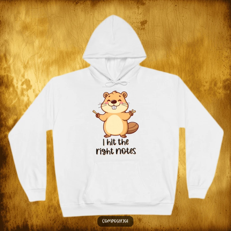 Funny Beaver Cymbals Hoodie: Smiling beaver enthusiastically banging cymbals with a happy flourish, comfortable and humorous wear