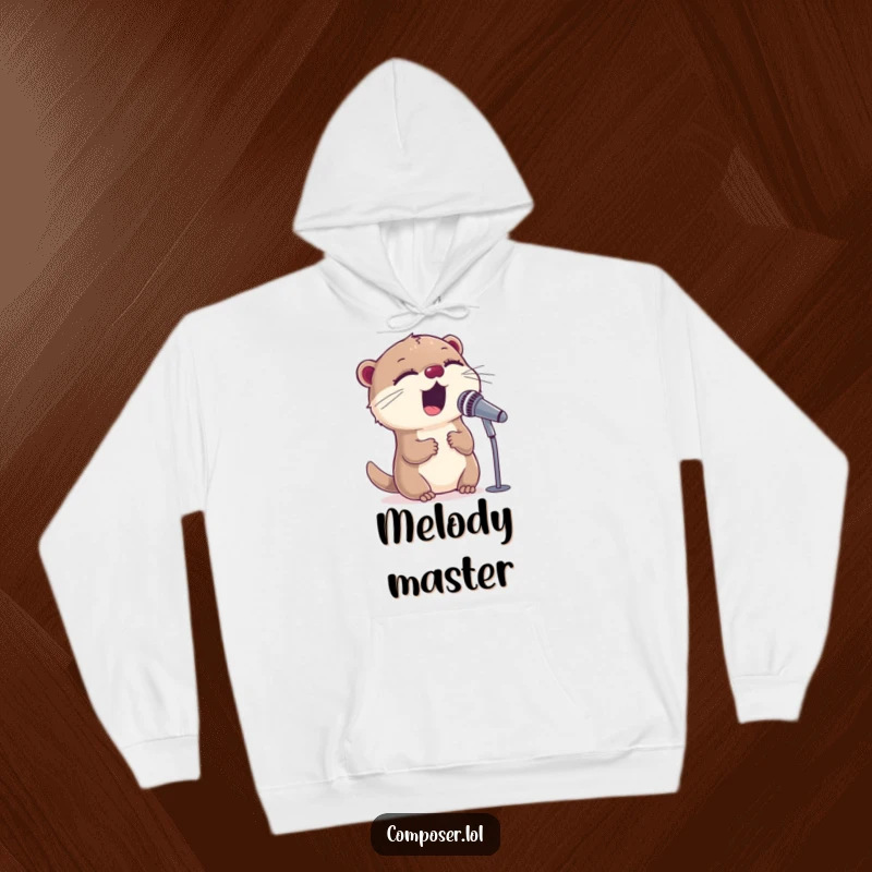 Funny, sweet otter enthusiastically singing into a microphone with closed eyes, depicted on a soft hoodie.
