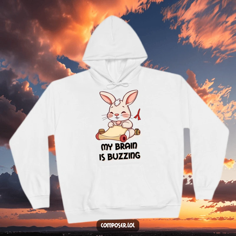 Funny rabbit writing on a scroll with intense focus, nose wiggling, on a warm hoodie. Perfect for writers.