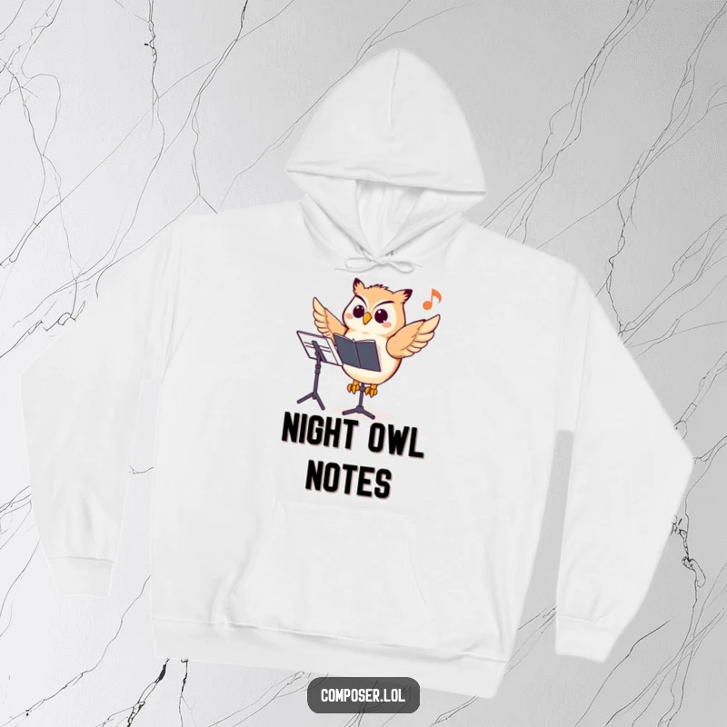 Funny owl composer hoodie, a cheerful owl on a music stand, pointing at a note, offering warmth and wisdom.