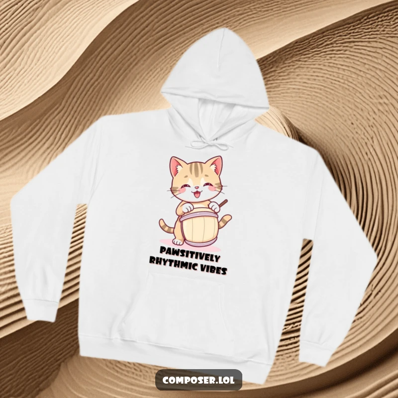 Funny hoodie showcasing a happy cat energetically playing the drums, designed for ultimate comfort and humor.