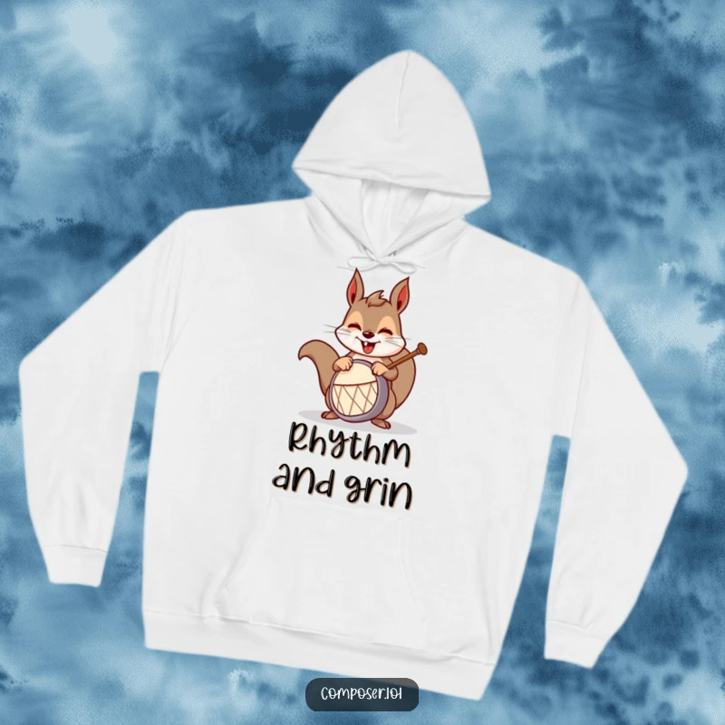 Funny squirrel drummer hoodie, showing a mischievous squirrel enthusiastically playing a small drum, perfect for music lovers seeking humor.