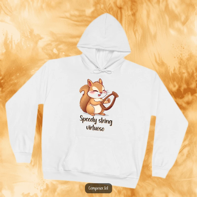 Funny hoodie with a winking squirrel composer energetically playing a tiny harp with lightning-fast paws, a true musical virtuoso.