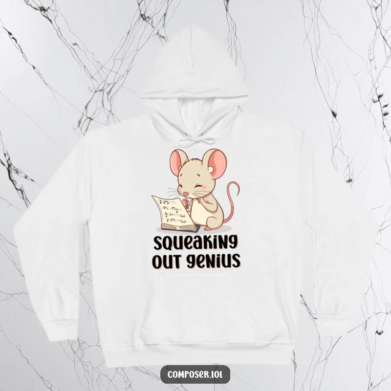 Funny hoodie featuring a curious mouse composer intently examining a musical score, a symbol of deep musical contemplation.