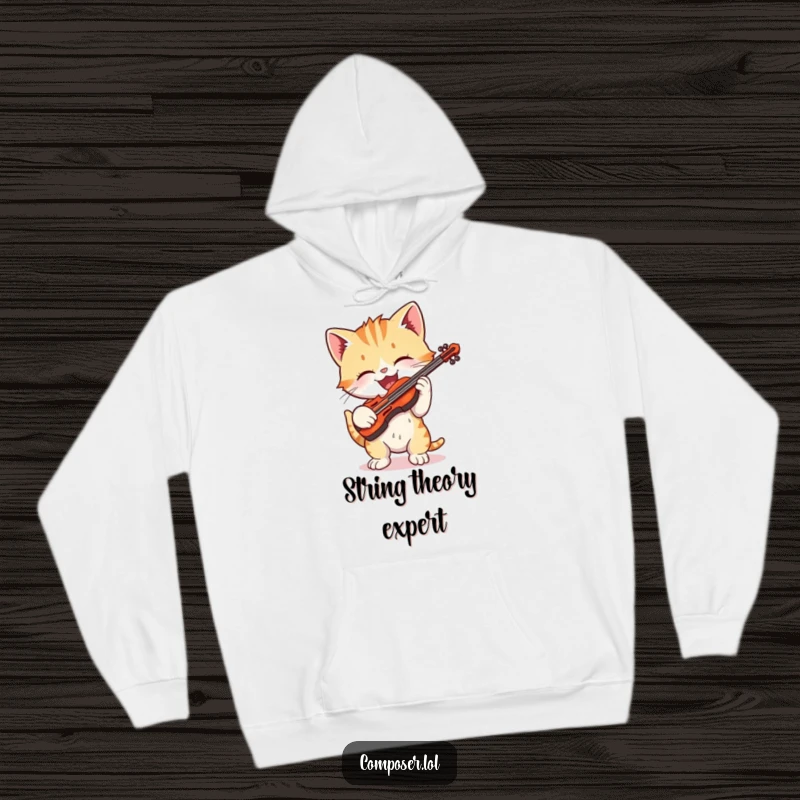 Funny cartoon kitten gleefully playing a tiny violin with exaggerated delight on a cozy hoodie, adorable musical comfort.
