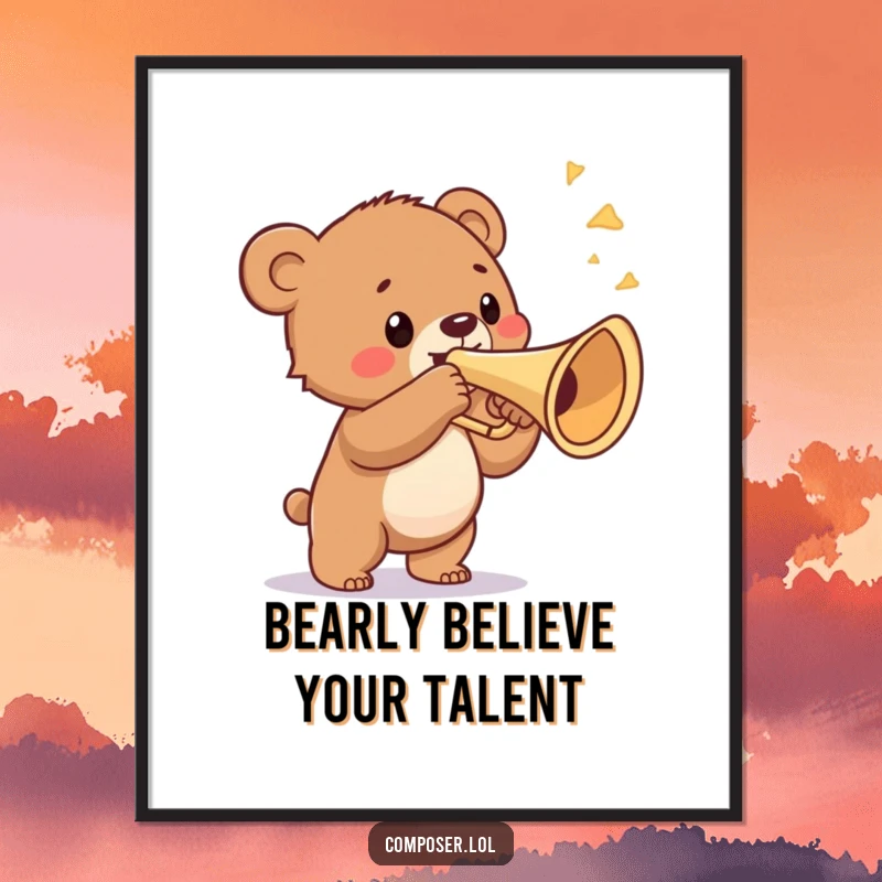 Funny Free Printable Wall Art: A proud bear cub plays a triumphant fanfare on a ridiculously large trumpet, bold and humorous art.