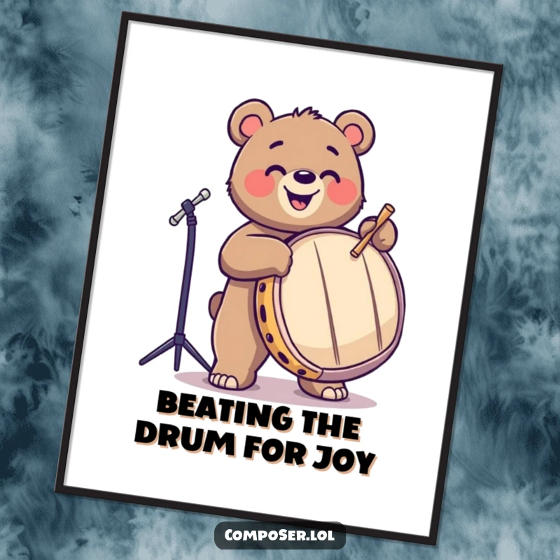 Funny Free Printable Wall Art: A playful bear joyfully drumming a large bass drum, perfect for a music studio.