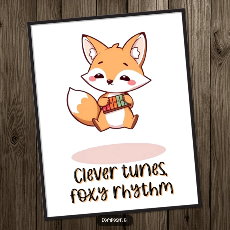 Funny Free Printable Wall Art: Bouncy fox character leaps while playing a tiny xylophone, creating an energetic scene.
