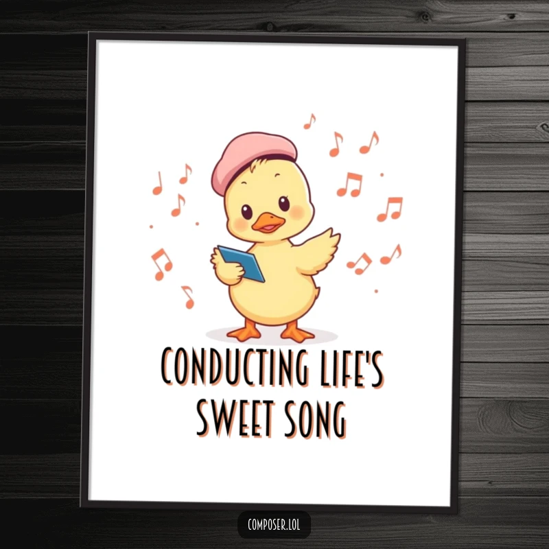 Funny Free Printable Wall Art: A duckling wearing a tiny beret conducts a choir of musical notes with artistic flair.