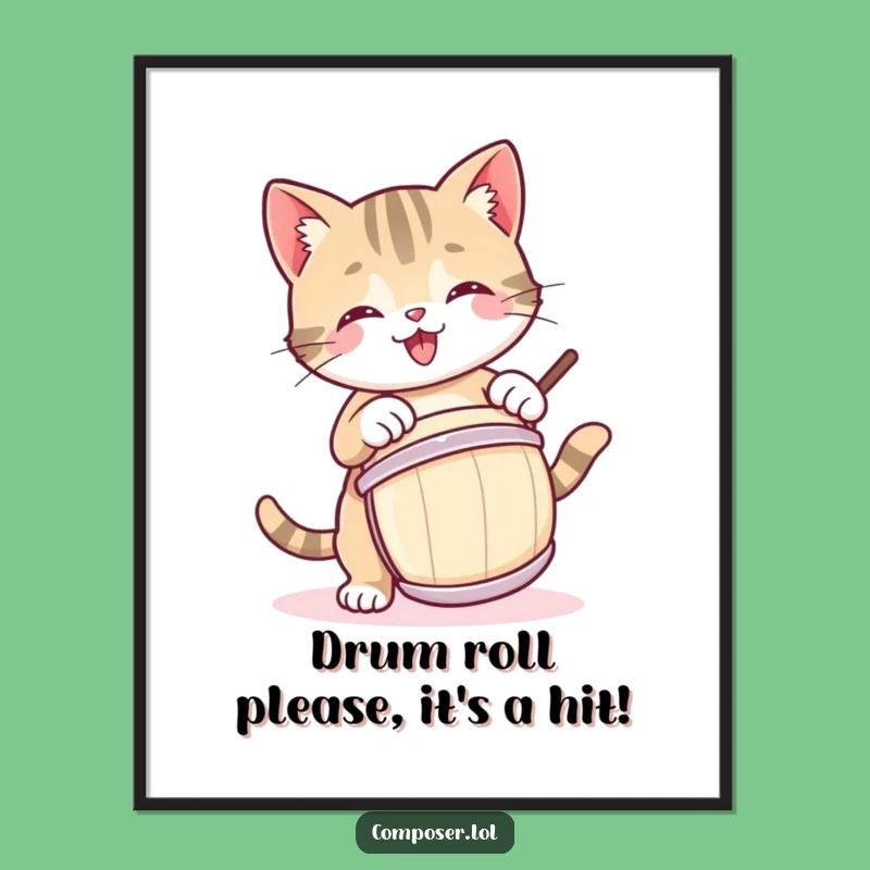 Funny Free Printable Wall Art: Playful Kitty Drummer, Joyful Downloadable Art Print