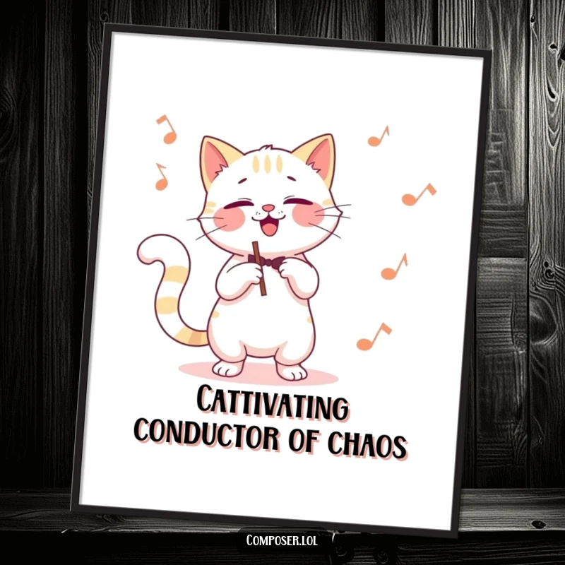 Funny Free Printable cat composer swirling its tail like a baton, conducting an invisible orchestra with a playful grin.