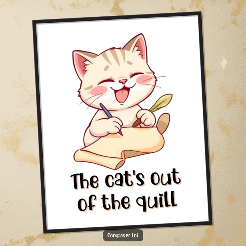Funny Free Printable wall art depicting a giggling cat with a quill pen, intensely writing on an ancient scroll.