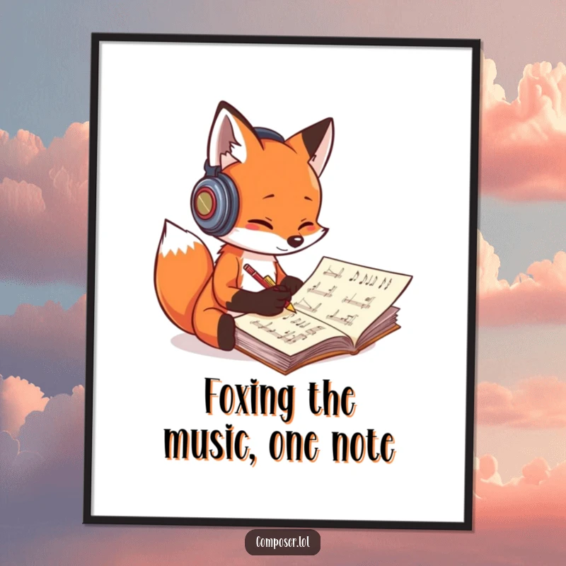 Funny Free Printable fox composer wearing headphones, engrossed in composing music on a massive manuscript, ready for display.