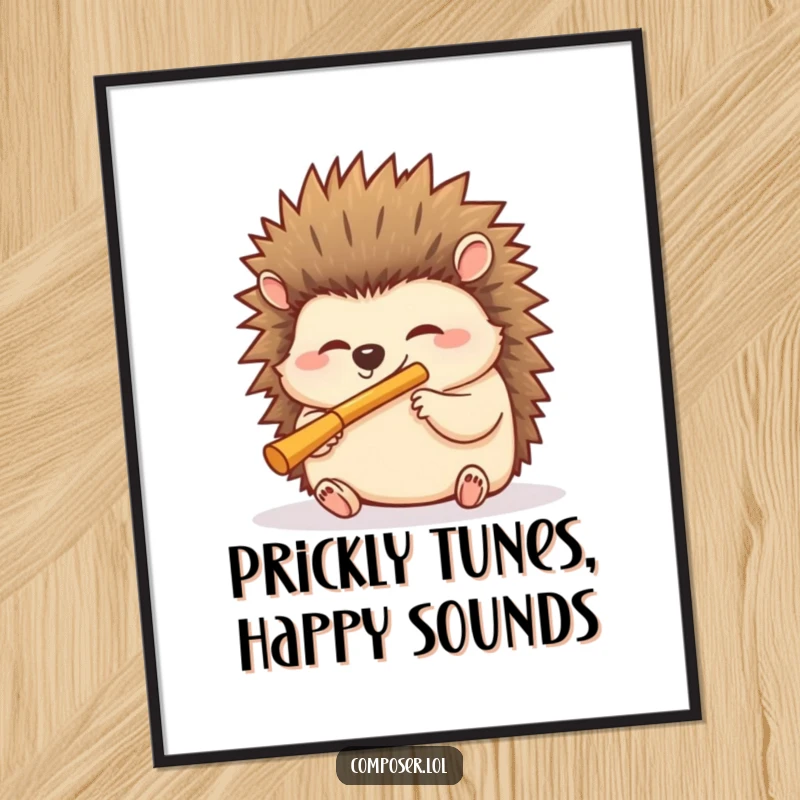 Funny Free Printable Wall Art: Giggling hedgehog happily blows into a miniature flute with delight, creating a joyful scene.