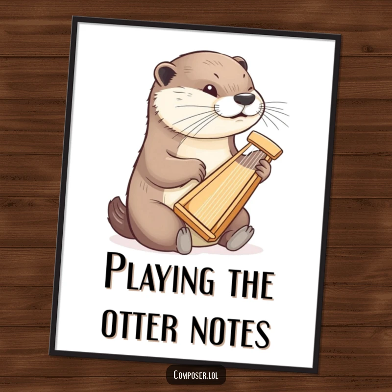 Funny Free Printable Wall Art: Determined otter plays a tiny harp with delicate finesse, creating an elegant scene.