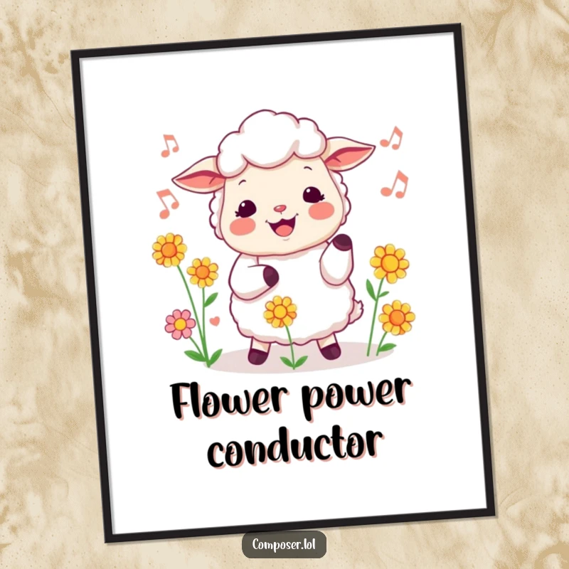 Funny Free Printable Wall Art: Cheerful sheep conductor leads a vibrant flower chorus, creating a humorous scene.