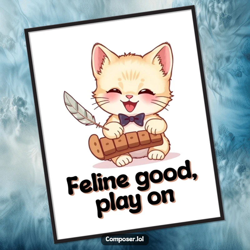 Funny Free Printable Wall Art: A giggling kitten in a bow tie plays a xylophone with a feather, charming and humorous art.