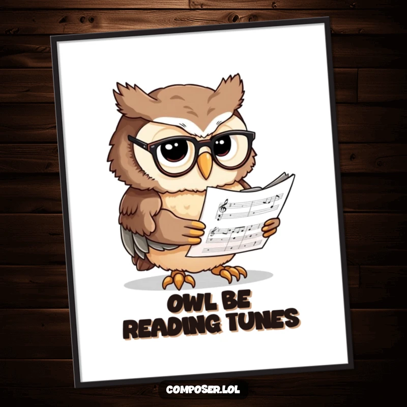 Funny Free Printable Wall Art: A focused owl wearing spectacles, intently reading a complex sheet of music.