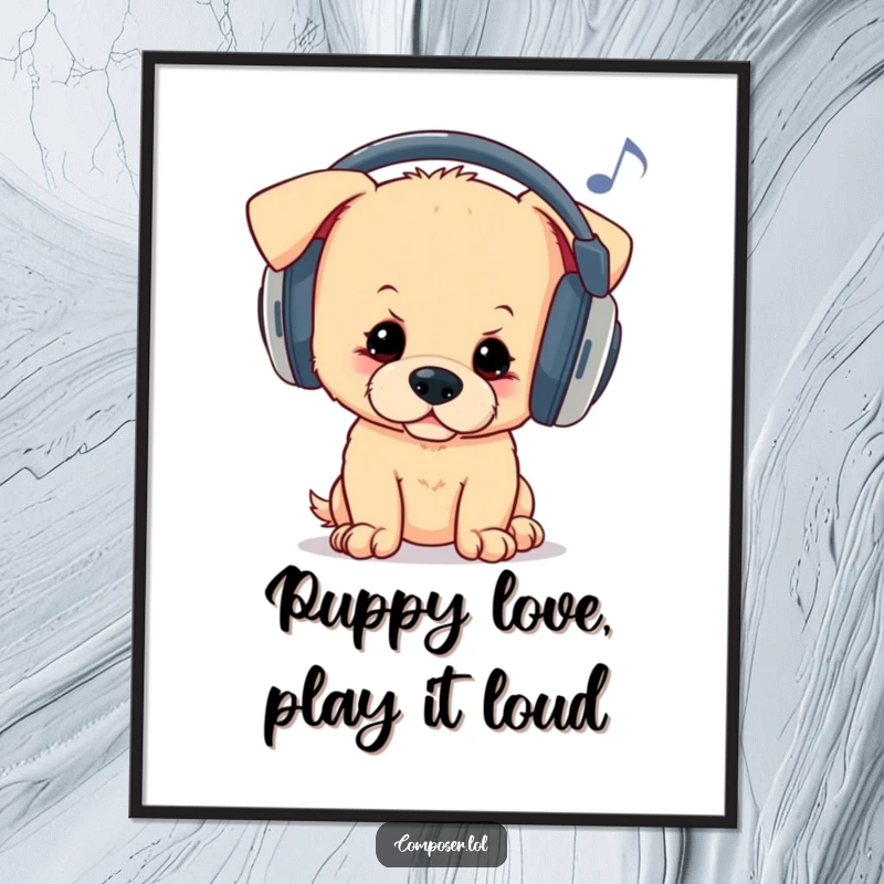 Funny Free Printable Wall Art: A curious puppy wearing oversized headphones bops its head, enjoying unheard melodies, fun art.