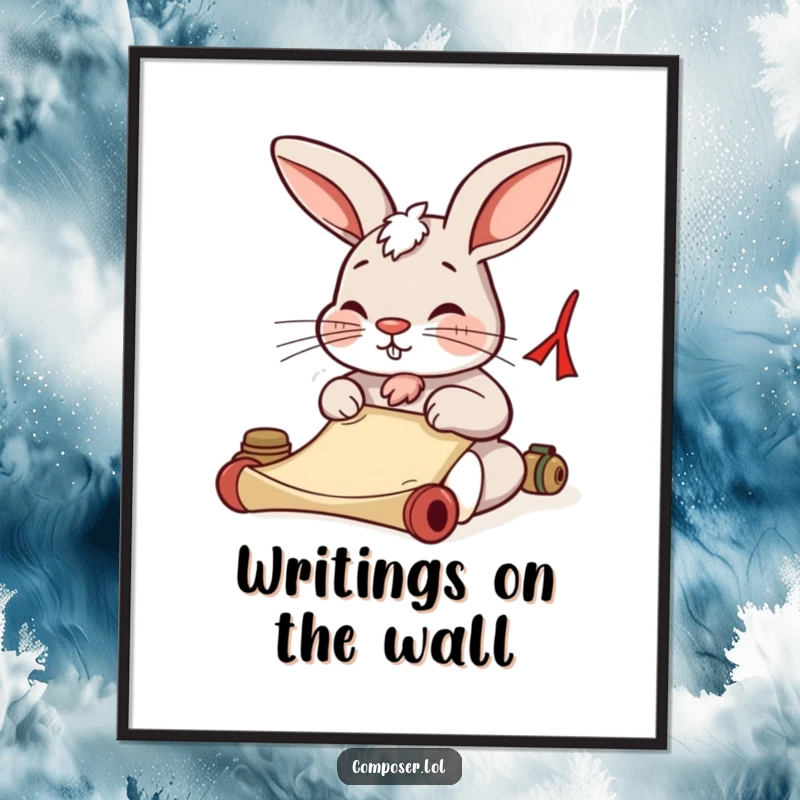 Funny Free Printable Wall Art: A focused rabbit composing a masterpiece on a scroll, perfect for a cozy reading nook.